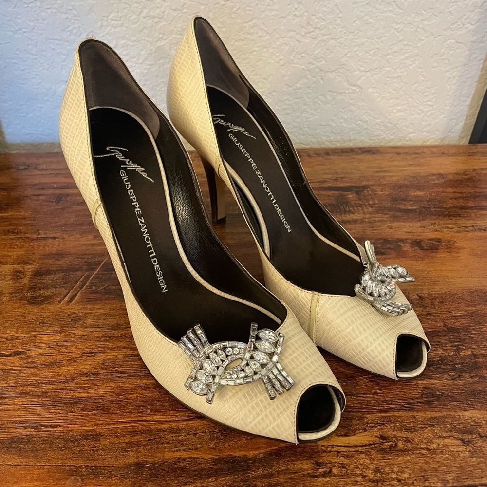 Giuseppe Zanotti Ivory Peep-Toe Heels with Crystal Brooch